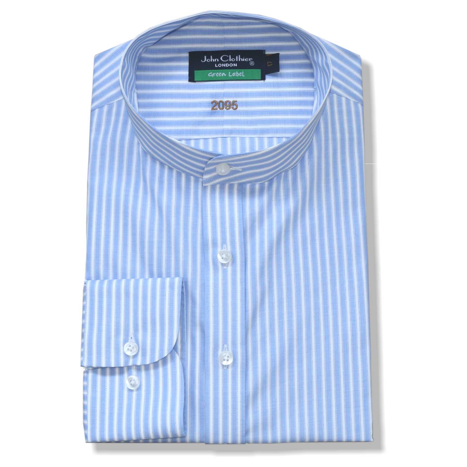 SkyBlue Grandad Collar Shirt - John Clothier Sky Blue White Stripes.B