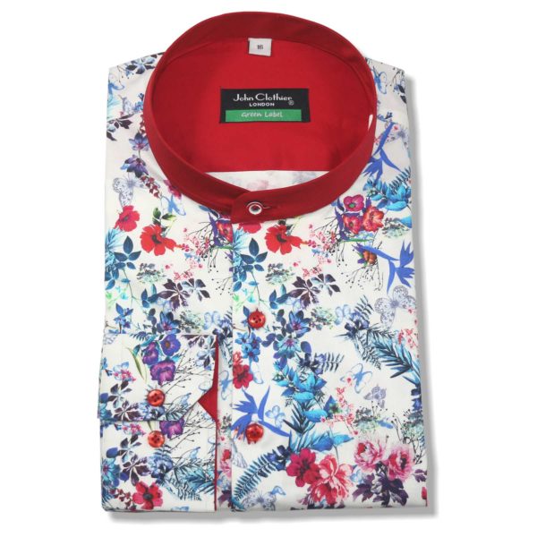 Floral Print Band Collar / Grandad Collar Shirt