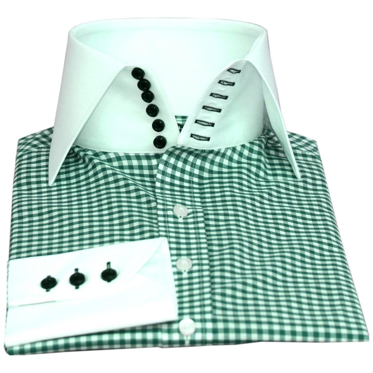 Green Gingham-Banker-6B High-Collar Shirt