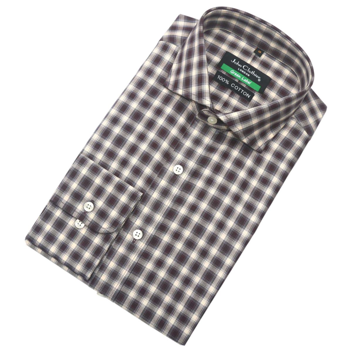 Cutaway Collar Shirt, Brown checks, 100% cotton