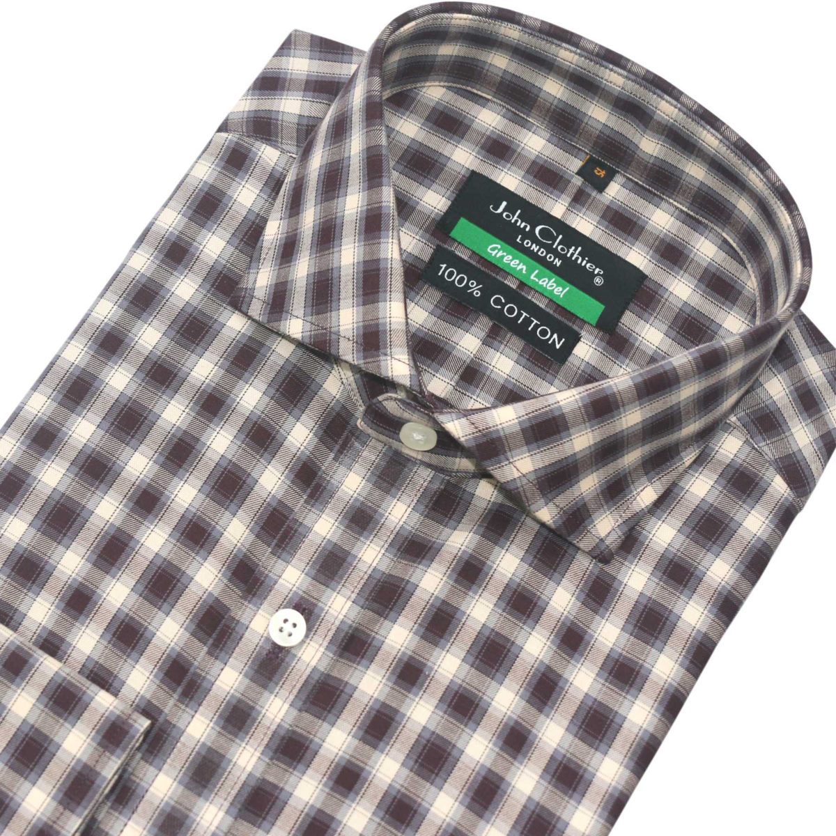 Cutaway Collar Shirt, Brown checks, 100% cotton