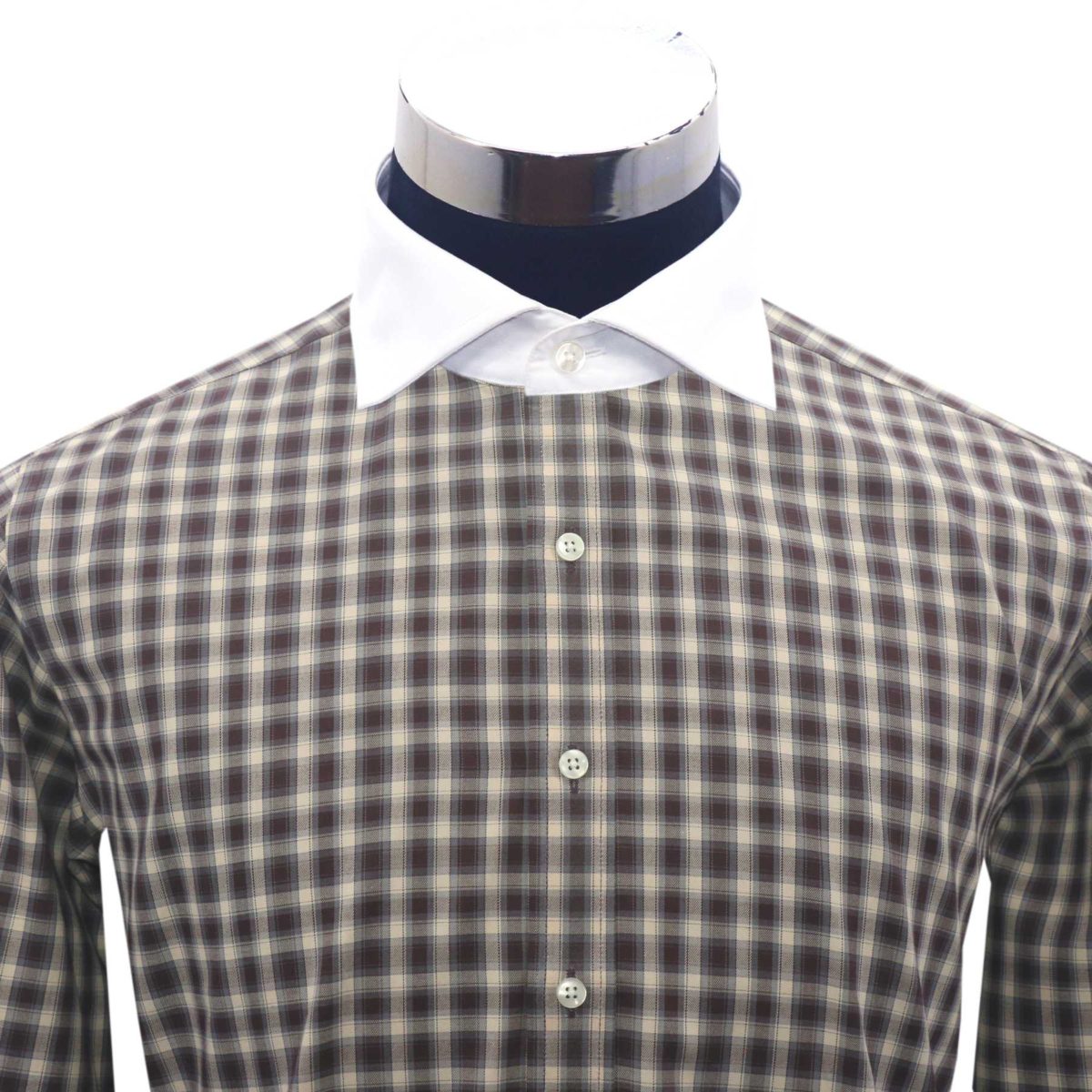 Cutaway Collar Shirt, Brown checks, 100% cotton