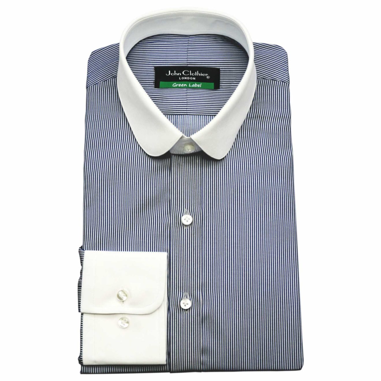 Dark Green-Pinstripes Penny Collar Shirt- John Clothier London