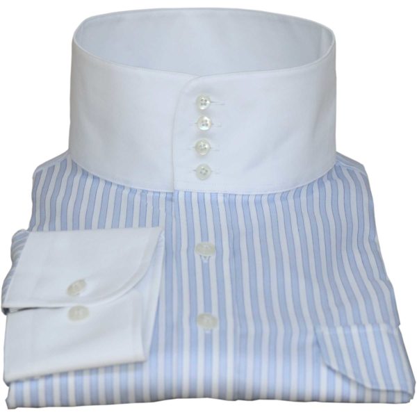 High collar Band collar shirt for men, Blue white stripes, 4 button white collar shirt