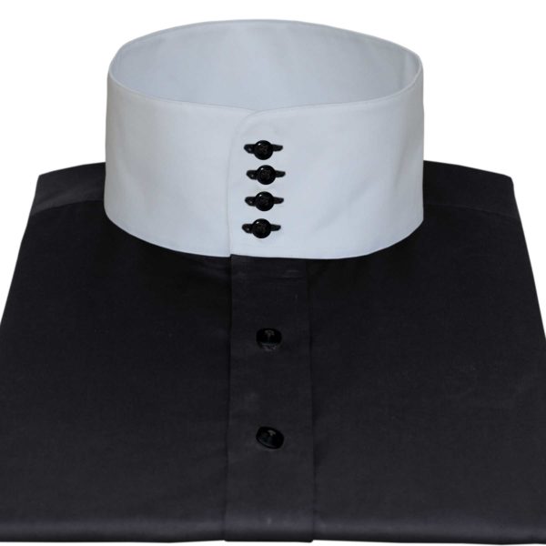 Black band collar shirt with contrast 4 buttons, white collar, cotton shirt for men