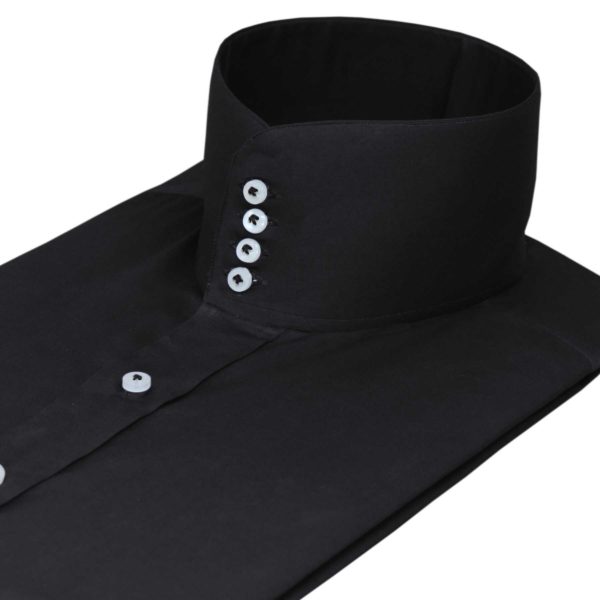 Black high band collar shirt, with contrast buttons, 4 button collar