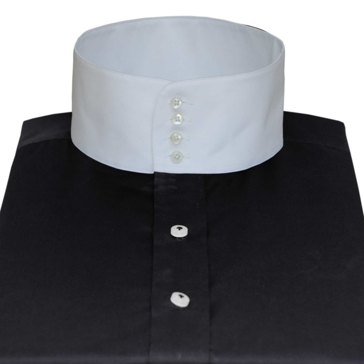 Black high collar shirt, band collar, white collar bankers shirt with 4 button collar