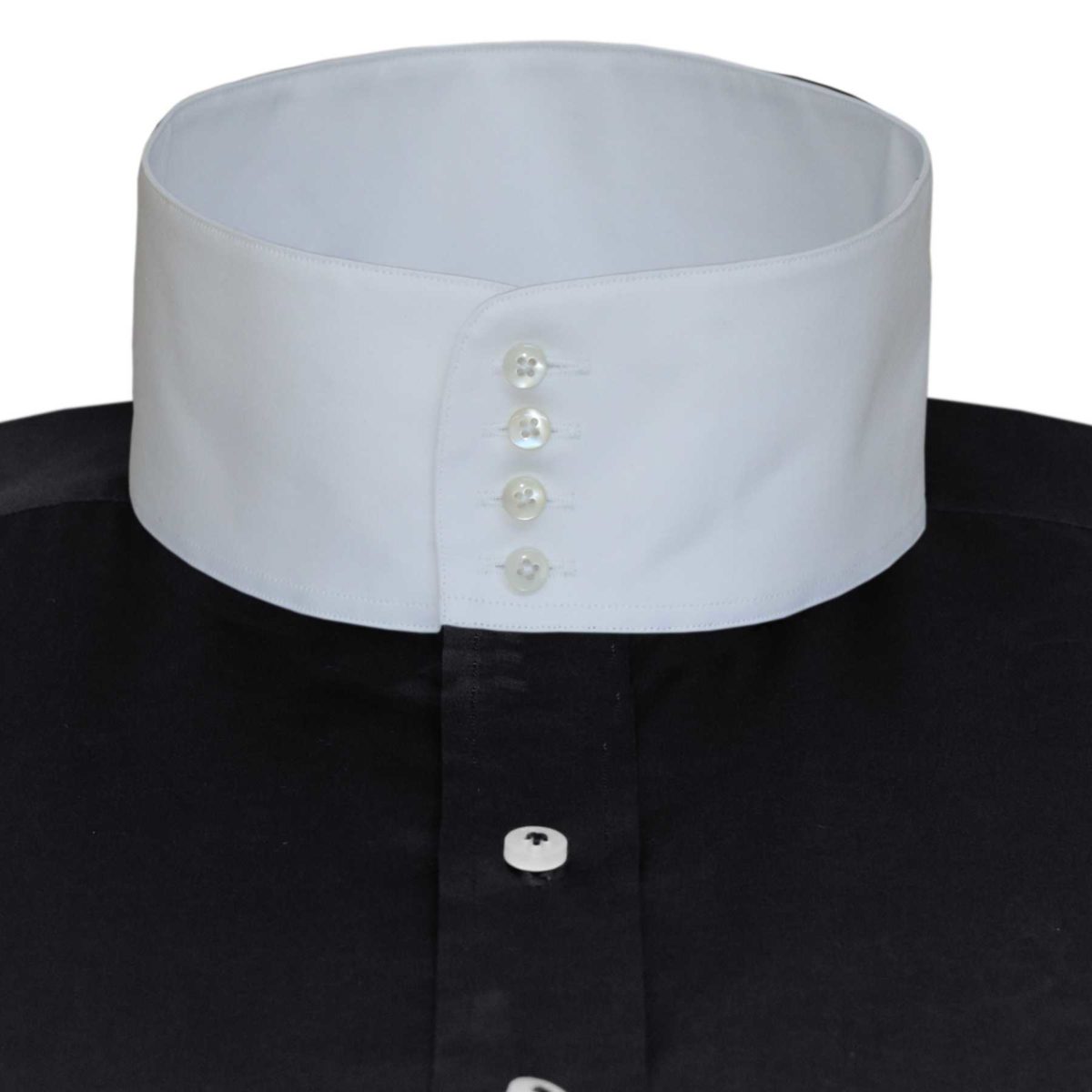 Black high collar shirt, band collar, white collar bankers shirt with 4 button collar