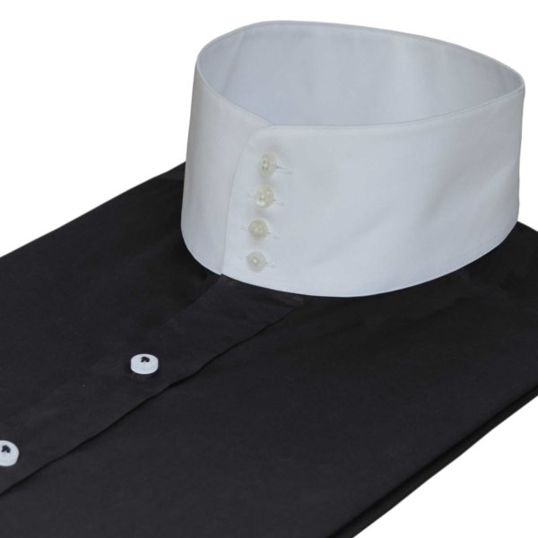 Black high collar shirt, band collar, white collar bankers shirt with 4 button collar