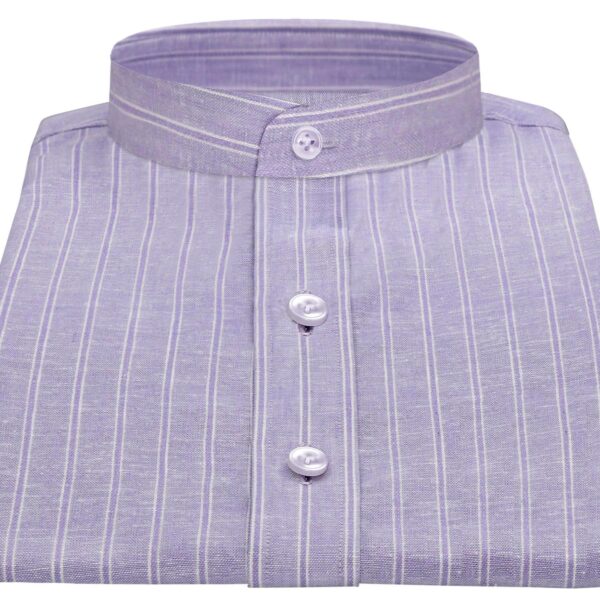 Lilac White Stripes Grandad Collar 100% Cotton Custom Made Men's Shirt..Also known as Grandad Collar / Nehru Collar /Mandarin / Chinese Collar / Mao Collar - John Clothier Shirts
