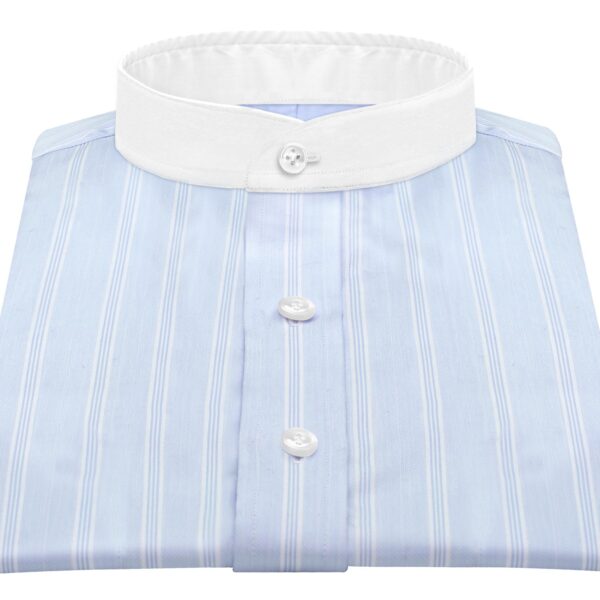 Sky Blue Stripes Band Collar Shirt, 100% Cotton Custom Made Men's Shirt..Also known as Grandad Collar / Nehru Collar /Mandarin / Chinese Collar / Mao Collar