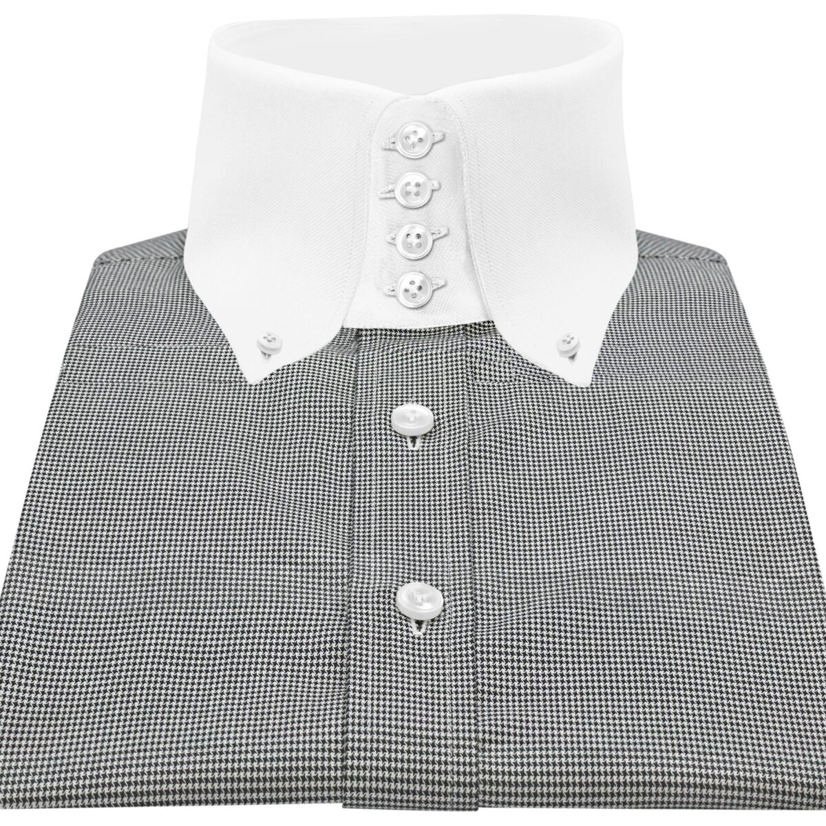 Black & White (Grey) Hounds tooth, High button down collar , 4 buttons on collar, 100% Cotton, made on order men's shirt by John Clothier London - Your original high collar shirt maker