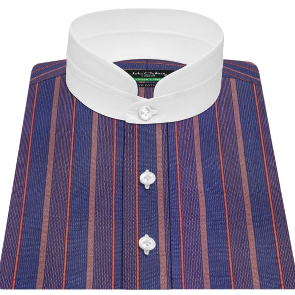 This shirt is MADE ON ORDER Style : High Penny Round 2B Collar Design : Blue Orange Multi Stripes 400-81 Fabric  : 100% Cotton Weave : Plain Fit : Tailored fit (neither slim nor loose) Cuff style : 4″ wide 3 buttons single cuff or double cuff Use of a dryer or dry cleaning is not recommended.