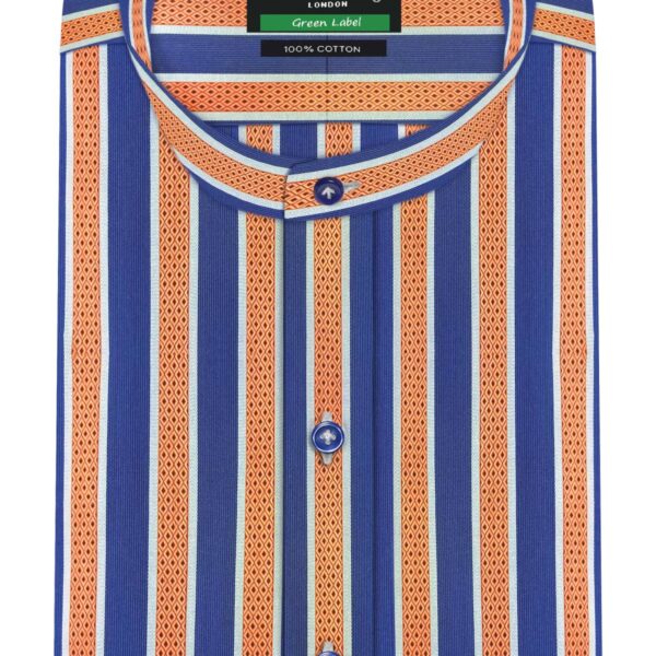 Vintage Blue Orange Wide Stripes Grandad Collar Shirt